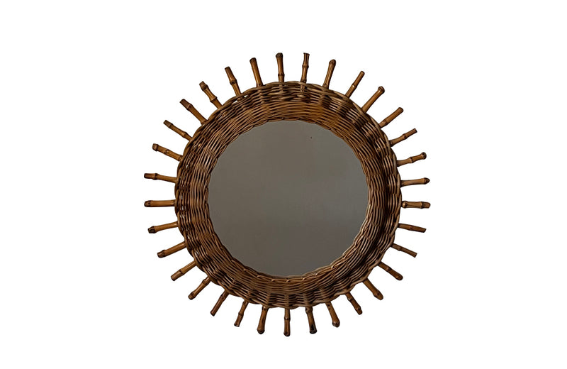 Round vintage original rattan and bamboo sunburst mirror Circa 1960