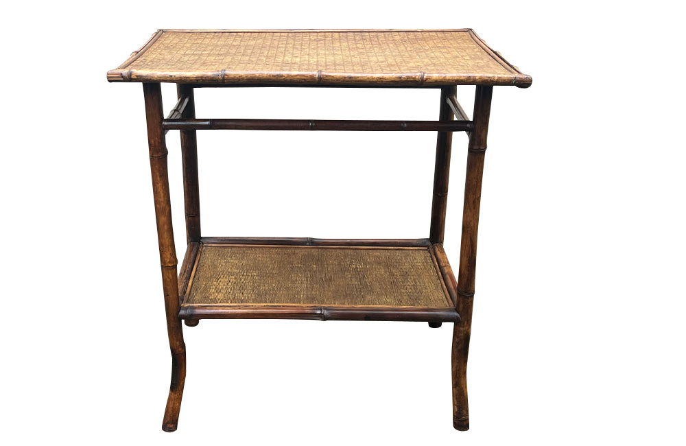Early 20th Century French bamboo side table with two rattan shelves
