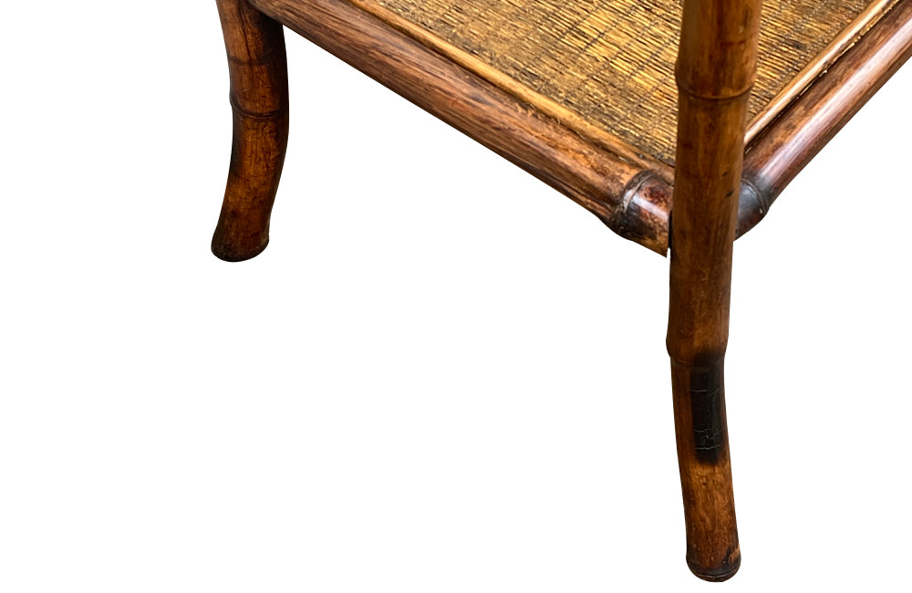 Early 20th Century French bamboo side table with two rattan shelves