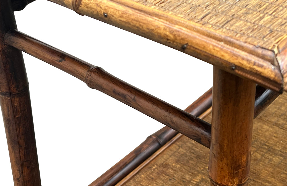 Early 20th Century French bamboo side table with two rattan shelves