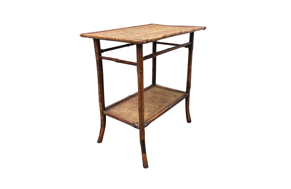 Early 20th Century French bamboo side table with two rattan shelves