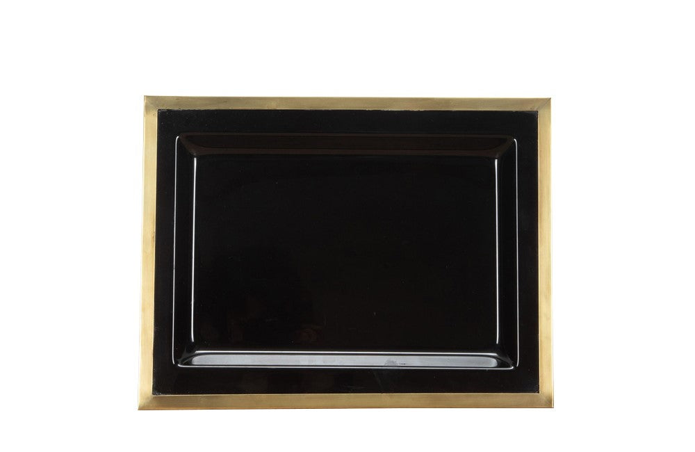 Elegant, mid century rectangular black lucite tray with brass rim.