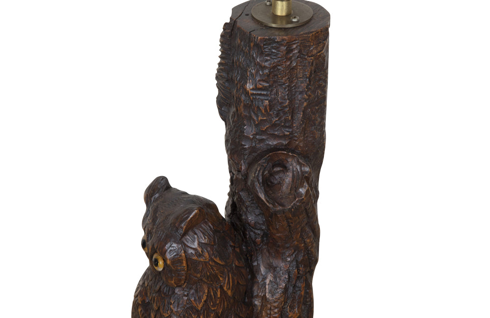 20th Century Swiss Black Forest Carved Owl Table Lamp