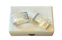Vintage silver plate napkin rings with Madame and Monsieur lettering and floral motifs in presentation box - Decorative Antiques