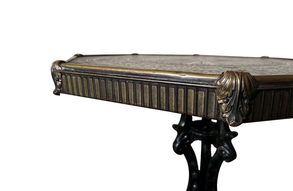 Beautiful French iron based table with octagonal embossed brass top c.1920