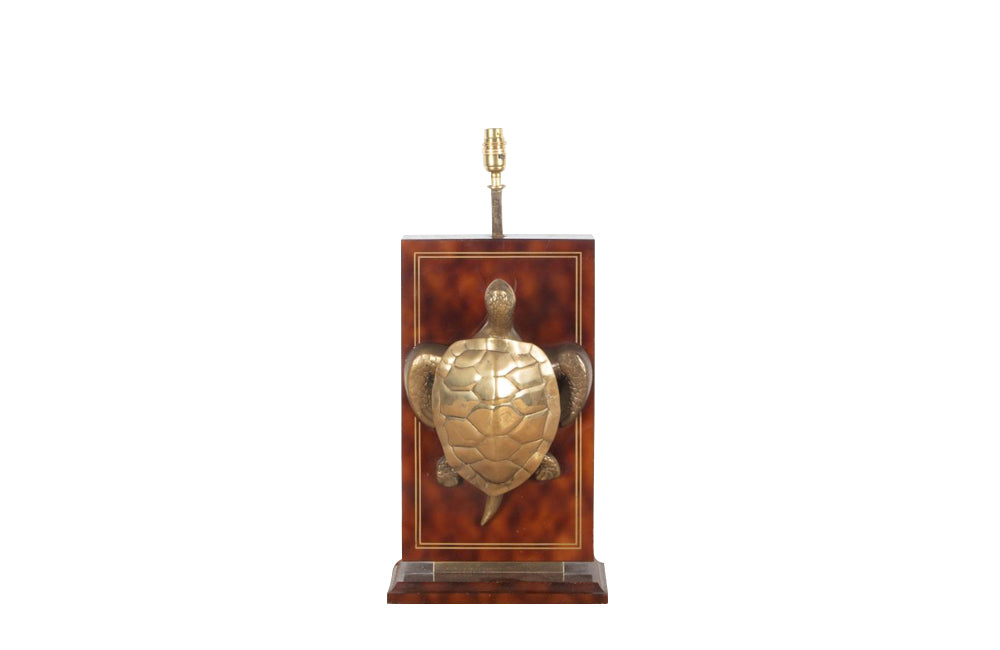 Faux tortoiseshell table lamp with large brass turtle and banding Circa 1970.