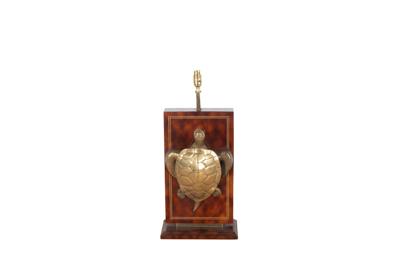 Faux tortoiseshell table lamp with large brass turtle and banding Circa 1970.