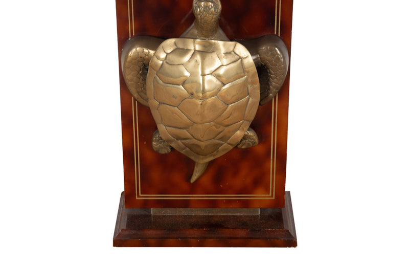 Faux tortoiseshell table lamp with large brass turtle and banding Circa 1970.