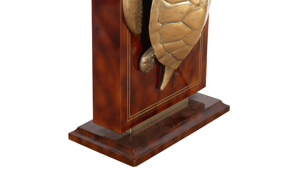 Faux tortoiseshell table lamp with large brass turtle and banding Circa 1970.