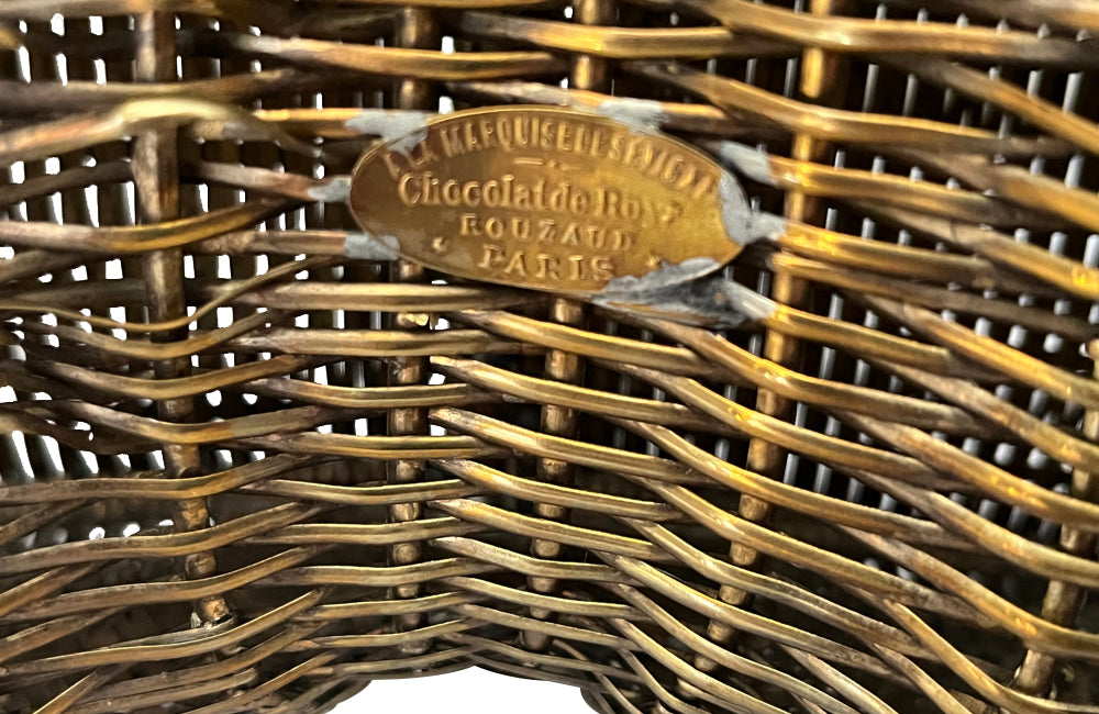 Early 20th Century French woven brass grape harvest basket from the renowned chocolate house of La Marquise De Sevigne