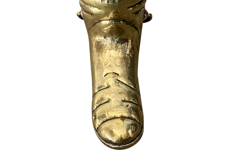 Mid century decorative umbrella stand in the form of a large brass riding boot