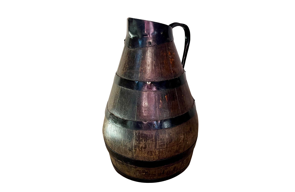 Large, coopered, 19th century French wine jug.