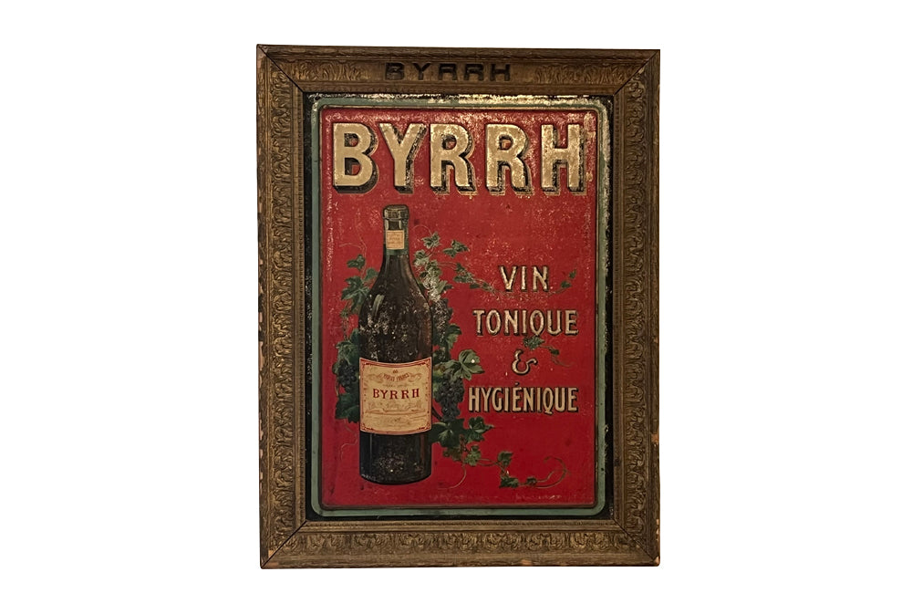 19th century framed tole advertising sign for 'Byrrh' stamped in relief and lithographed