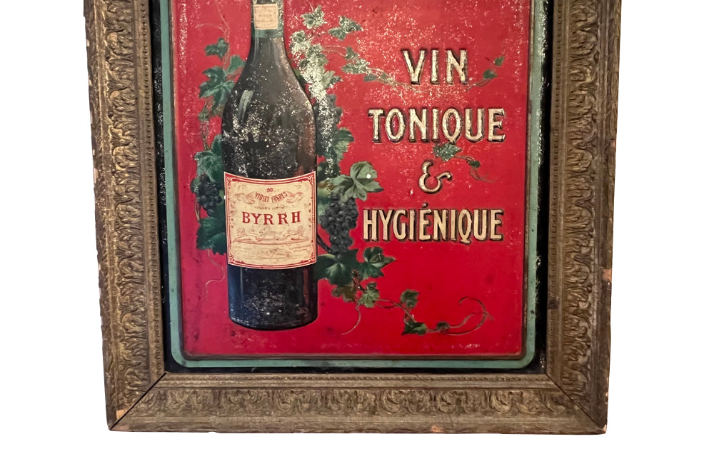 19th century framed tole advertising sign for 'Byrrh' stamped in relief and lithographed