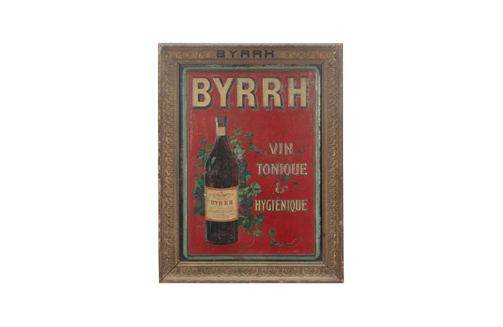 19th century framed tole advertising sign for 'Byrrh' stamped in relief and lithographed