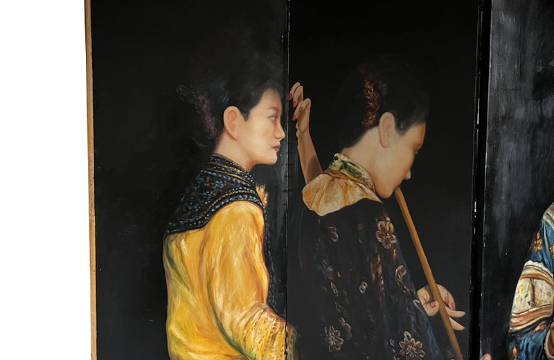 Beautiful, four panelled, il on wood folding screen after Chen Yifei. 