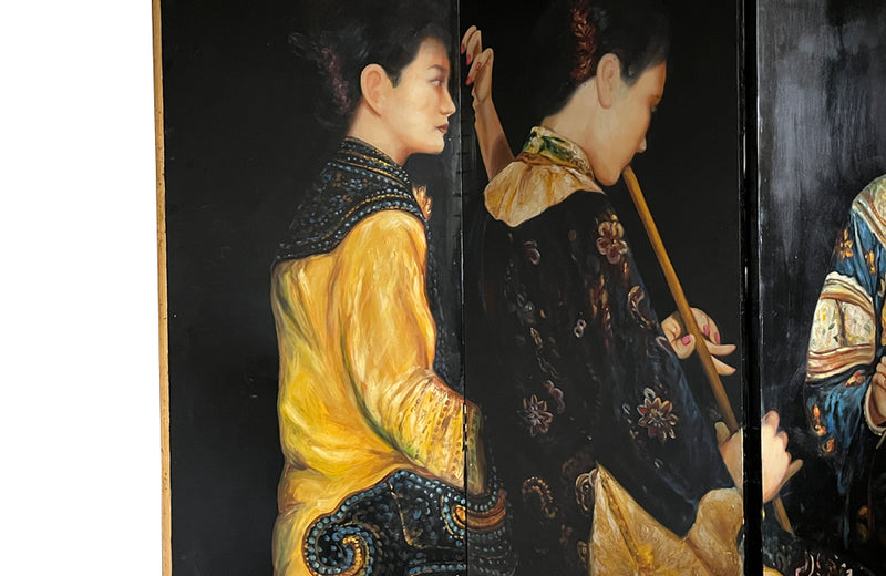 Beautiful, four panelled, il on wood folding screen after Chen Yifei. 