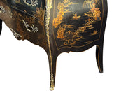 An elegant serpentine shaped, black lacquered 2 drawer commode with beautifully shaped Sienna Brocatelle marble top in the manner of Maison Jansen