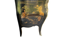 An elegant serpentine shaped, black lacquered 2 drawer commode with beautifully shaped Sienna Brocatelle marble top in the manner of Maison Jansen