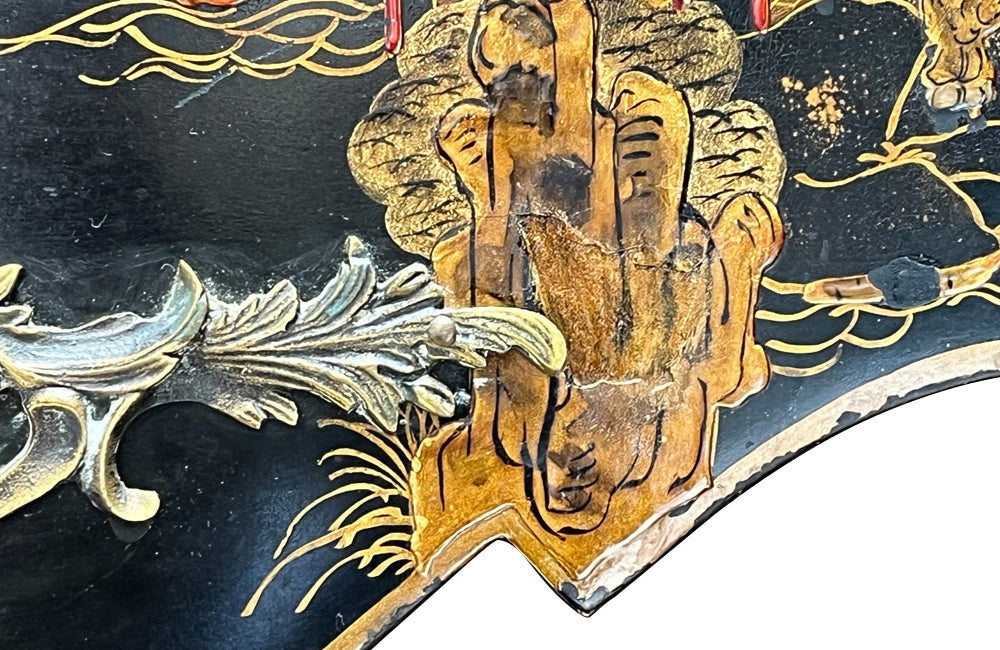 An elegant serpentine shaped, black lacquered 2 drawer commode with beautifully shaped Sienna Brocatelle marble top in the manner of Maison Jansen