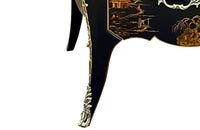 An elegant serpentine shaped, black lacquered 2 drawer commode with beautifully shaped Sienna Brocatelle marble top in the manner of Maison Jansen