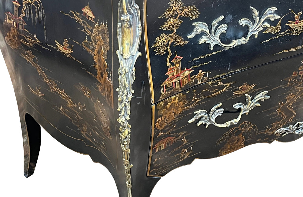 An elegant serpentine shaped, black lacquered 2 drawer commode with beautifully shaped Sienna Brocatelle marble top in the manner of Maison Jansen