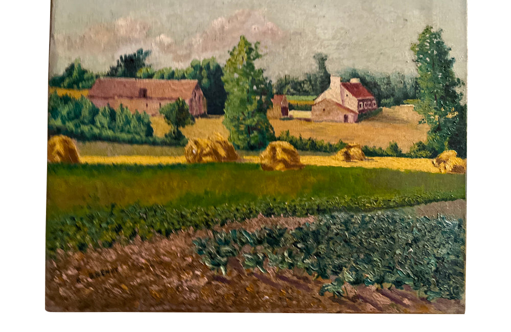 Colourful 20th Century French oil on canvas landscape painting of a countryside.