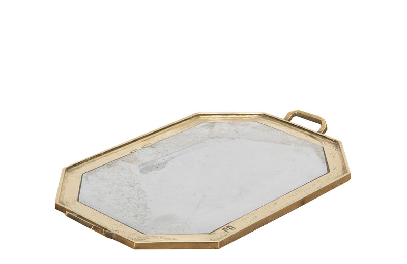 An aluminium and brass brutalist hexagonal tray, with two handles, by David Marshall.