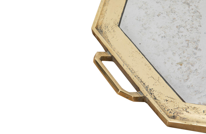 An aluminium and brass brutalist hexagonal tray, with two handles, by David Marshall.