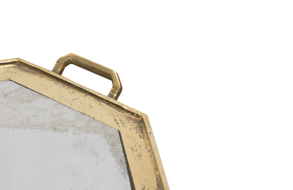 An aluminium and brass brutalist hexagonal tray, with two handles, by David Marshall.