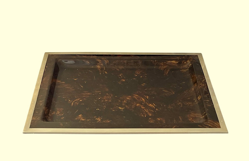 20th Century rectangular faux tortoiseshell lucite tray with chrome rim. Attributed to the Dior Home Collection.