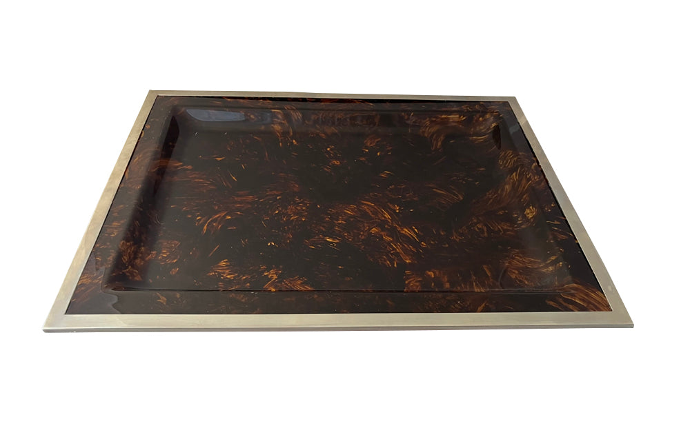 20th Century rectangular faux tortoiseshell lucite tray with chrome rim. Attributed to the Dior Home Collection.