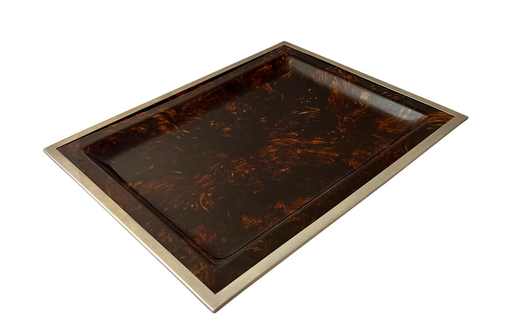 20th Century rectangular faux tortoiseshell lucite tray with chrome rim. Attributed to the Dior Home Collection.