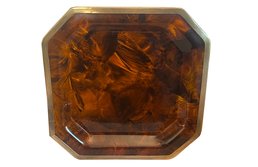 20th Century octagonal faux tortoiseshell lucite tray with brass rim attributed to Dior Home