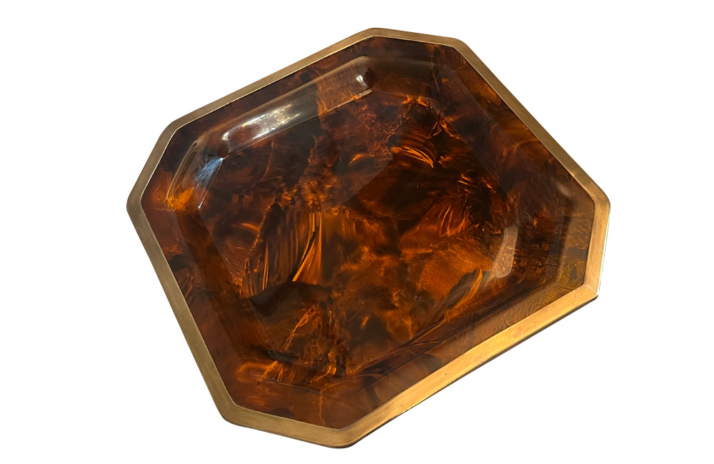 20th Century octagonal faux tortoiseshell lucite tray with brass rim attributed to Dior Home