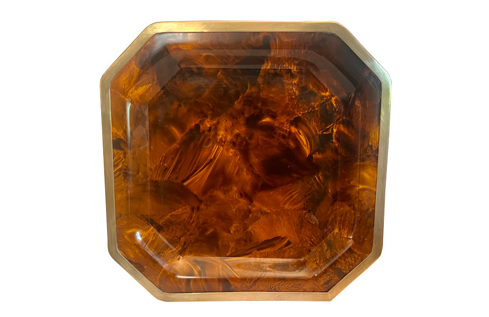 20th Century octagonal faux tortoiseshell lucite tray with brass rim attributed to Dior Home