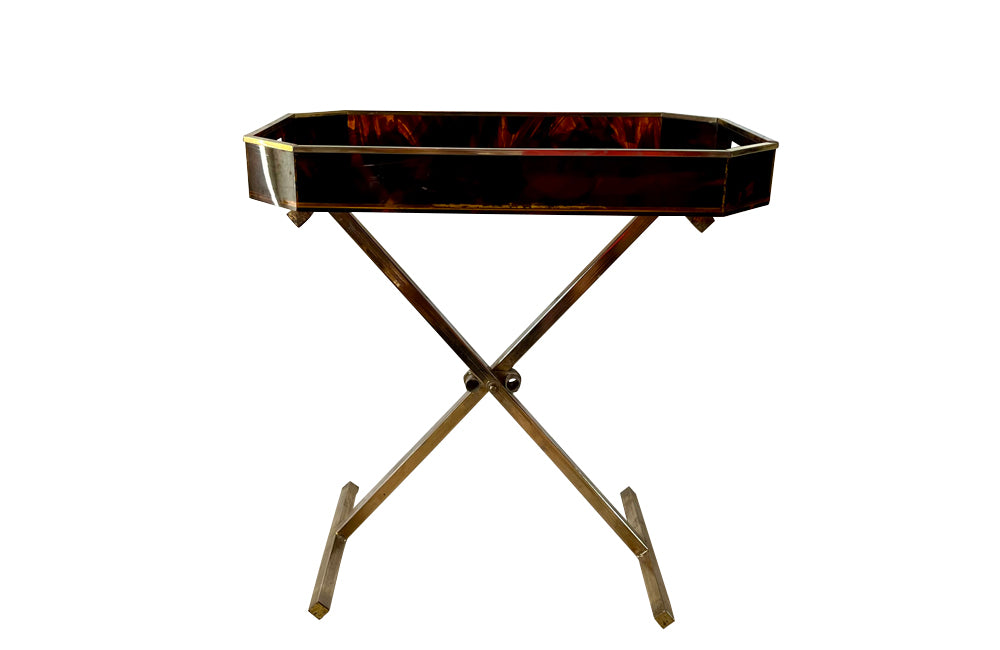 Faux tortoiseshell lucite cocktail tray with raised gallery and brass rim. Attributed to Maison Mercier, Paris.