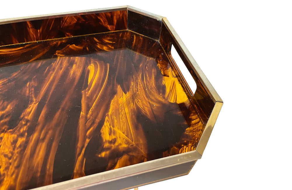 Faux tortoiseshell lucite cocktail tray with raised gallery and brass rim. Attributed to Maison Mercier, Paris.