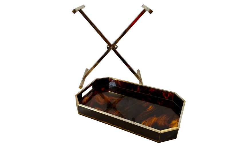 Faux tortoiseshell lucite cocktail tray with raised gallery and brass rim. Attributed to Maison Mercier, Paris.