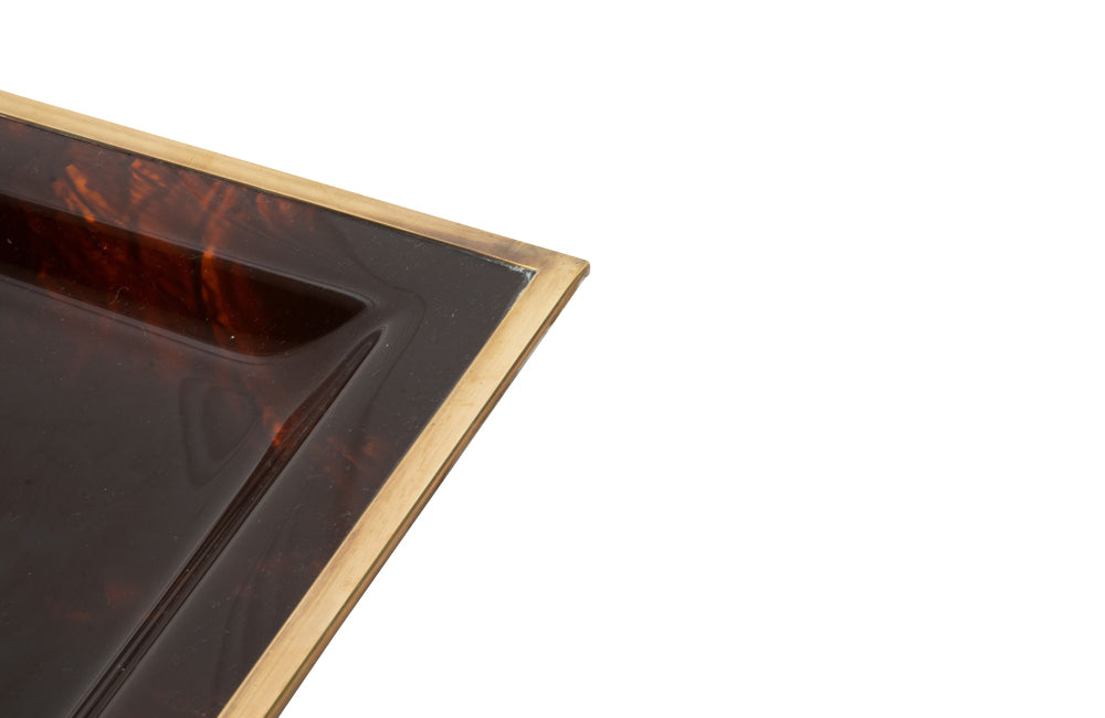 Large mid century rectangular faux tortoiseshell lucite tray with brass rim attributed to Dior Home