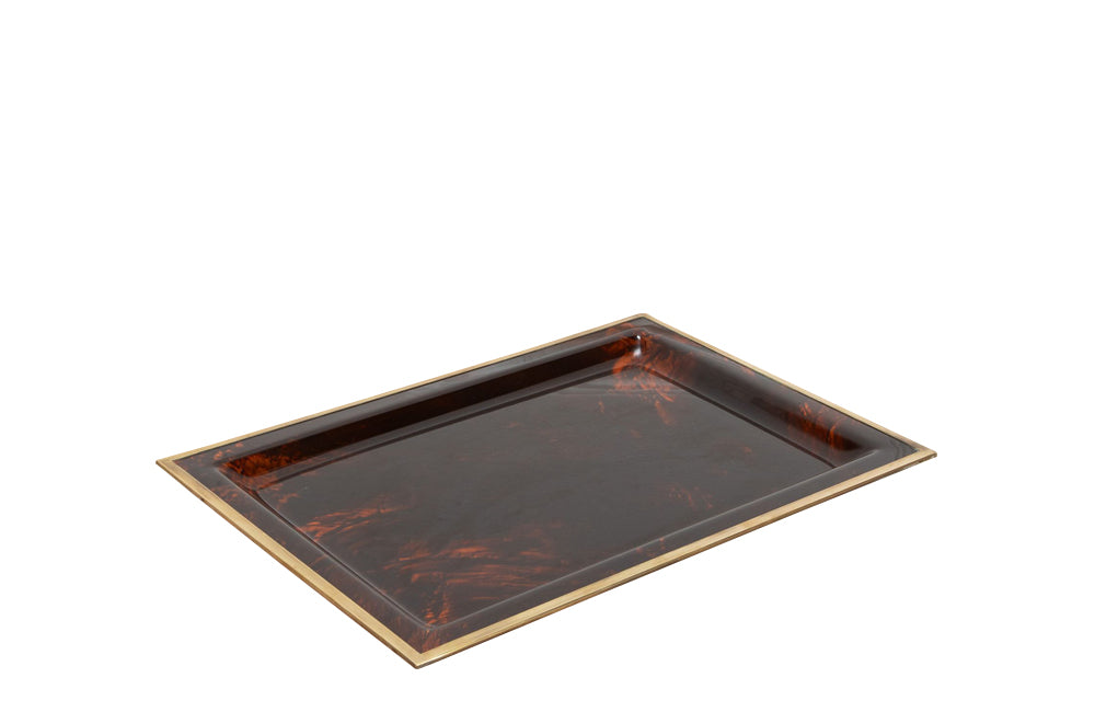 Large mid century rectangular faux tortoiseshell lucite tray with brass rim attributed to Dior Home