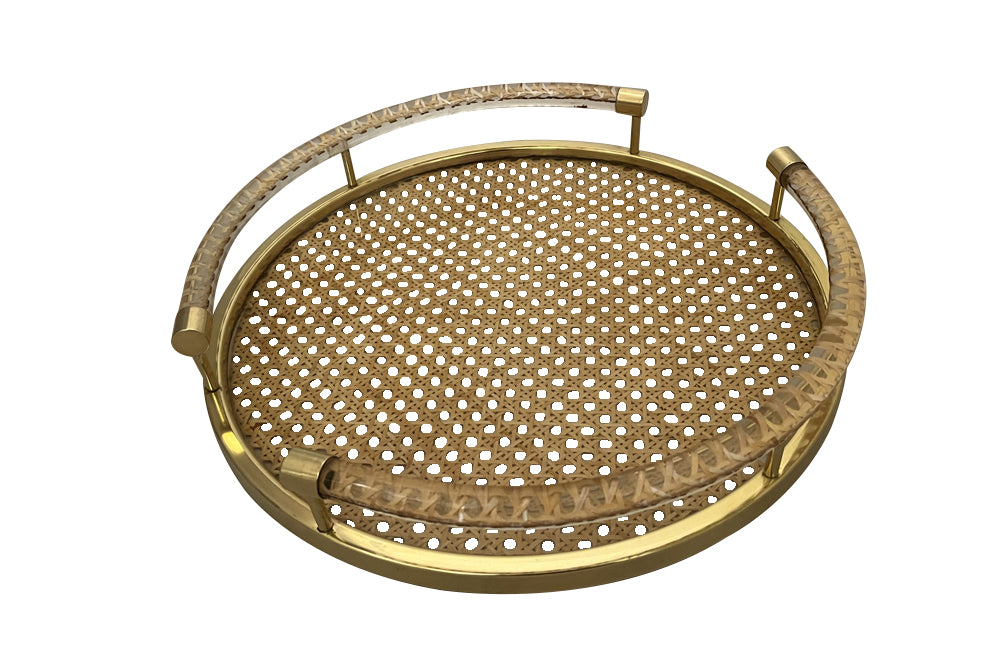 Mid-Century French Round Christian Dior Cane and Lucite Tray