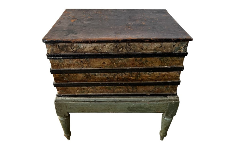 Charming lidded, leather and painted wood box footstool dating to the French Restoration Period [1814-1830]