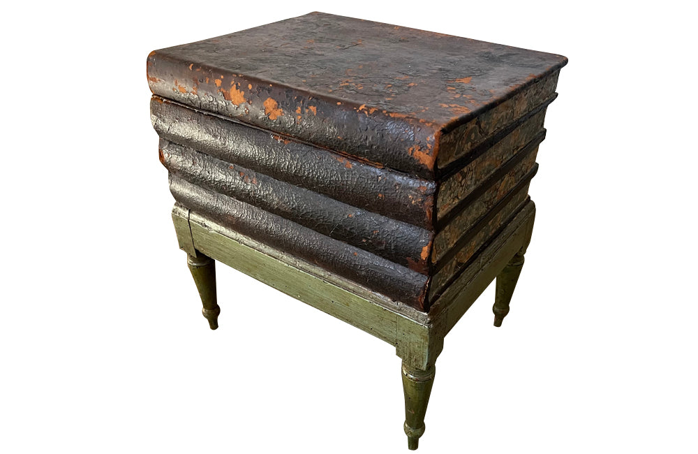 Charming lidded, leather and painted wood box footstool dating to the French Restoration Period [1814-1830]