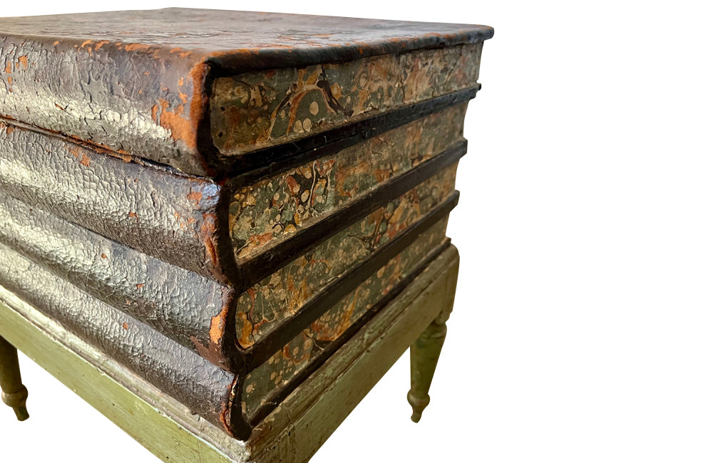 Charming lidded, leather and painted wood box footstool dating to the French Restoration Period [1814-1830]