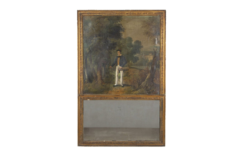 Very rare and charming early 19th Century French trumeau mirror with painting of a naturalist.