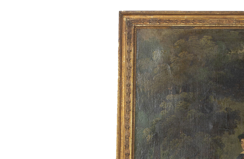 Very rare and charming early 19th Century French trumeau mirror with painting of a naturalist