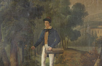 Very rare and charming early 19th Century French trumeau mirror with painting of a naturalist