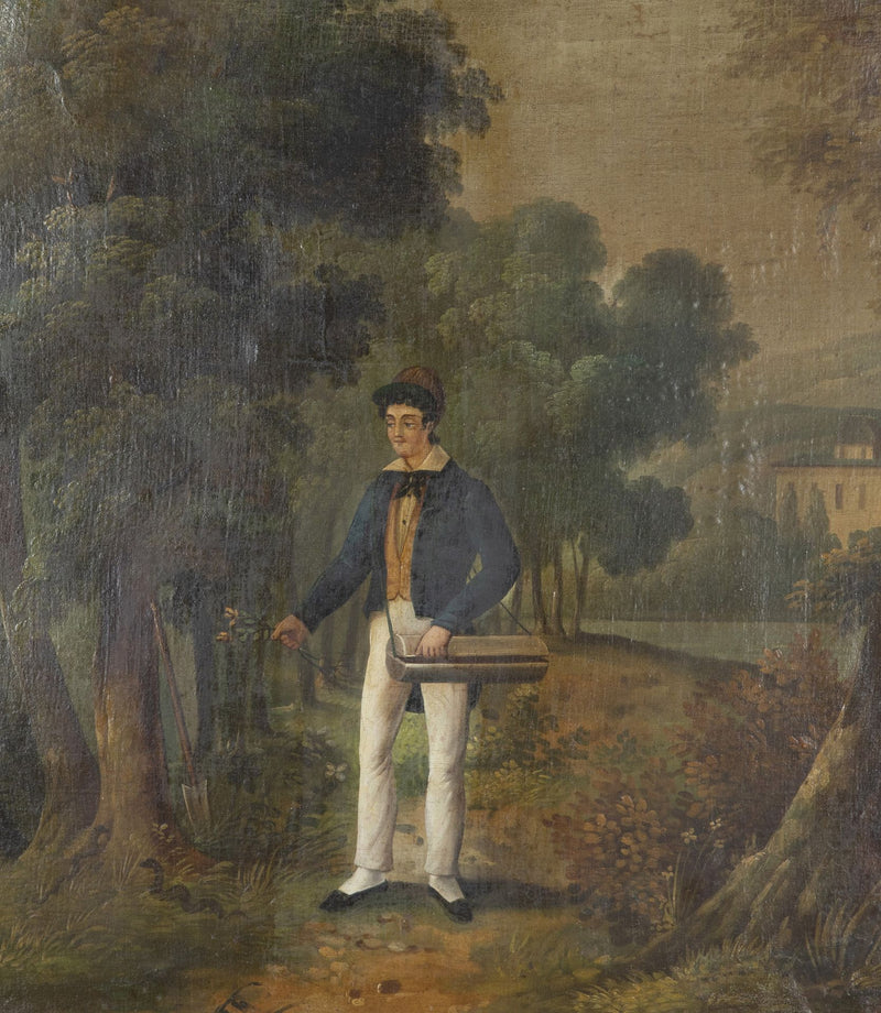 Very rare and charming early 19th Century French trumeau mirror with painting of a naturalist