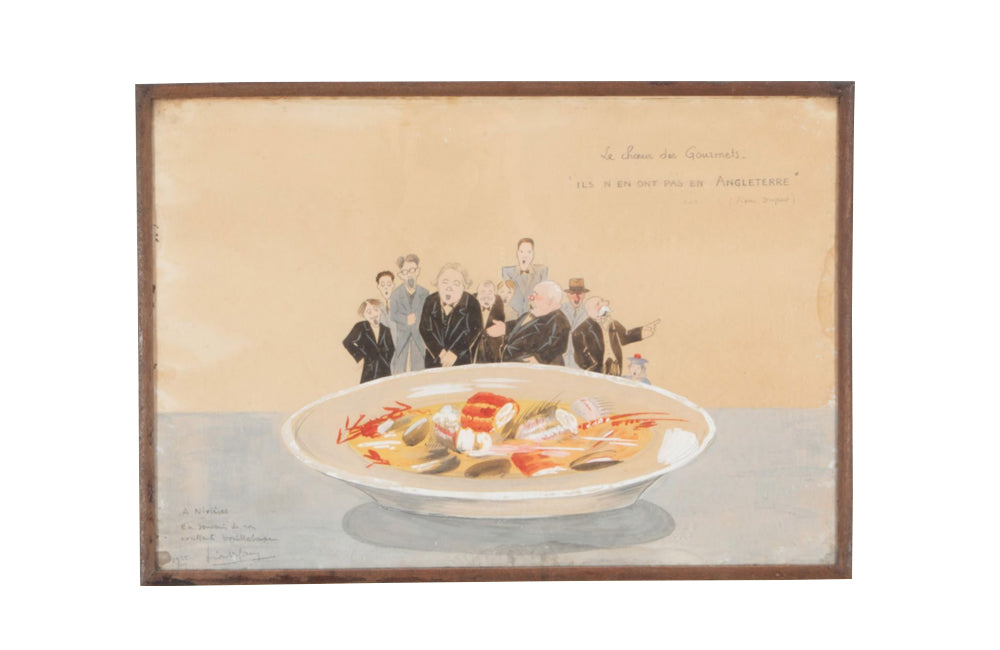 Amusing painted caricature of singing gentleman and a large dish of bouillabaise.